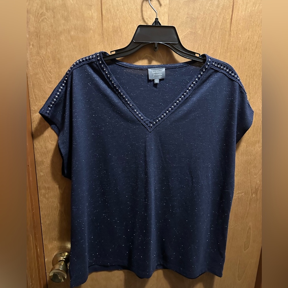 Navy Embellished V-Neck Short Sleeve Top